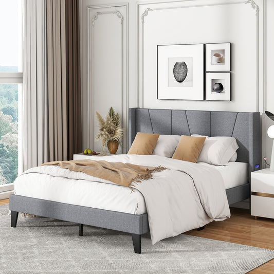 Elegant Full/Queen Bed Frame with Wingback Headboard and Wooden Slat Support