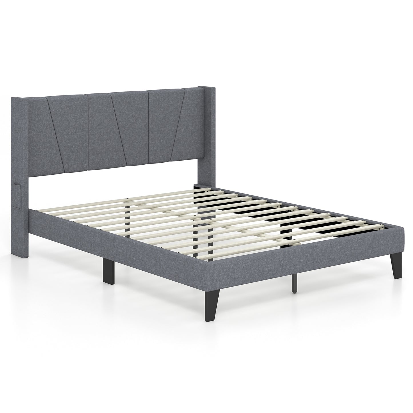 Elegant Full/Queen Bed Frame with Wingback Headboard and Wooden Slat Support