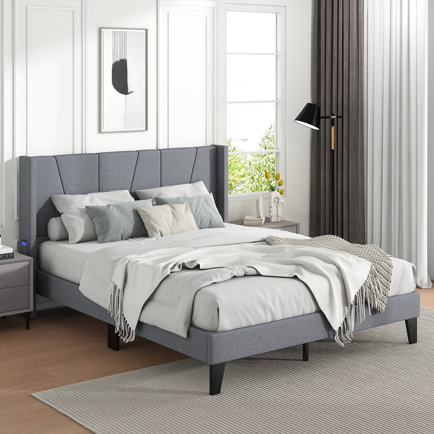 Elegant Full/Queen Bed Frame with Wingback Headboard and Wooden Slat Support