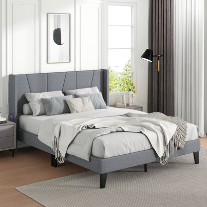 Elegant Full/Queen Bed Frame with Wingback Headboard and Wooden Slat Support