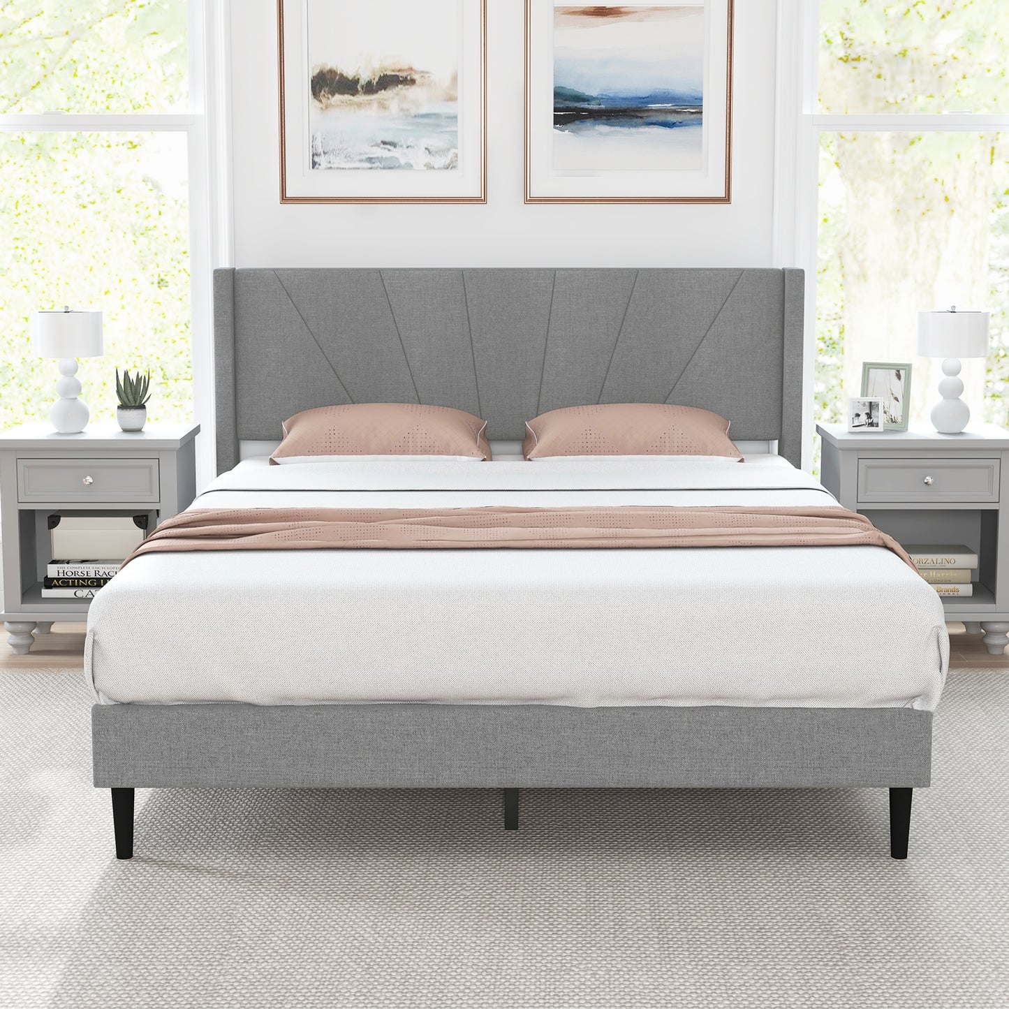 Elegant Linen Upholstered Wingback Bed Frame - Queen Size