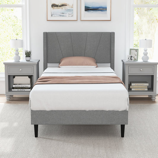 Elegant Linen Upholstered Wingback Bed Frame - Twin Size