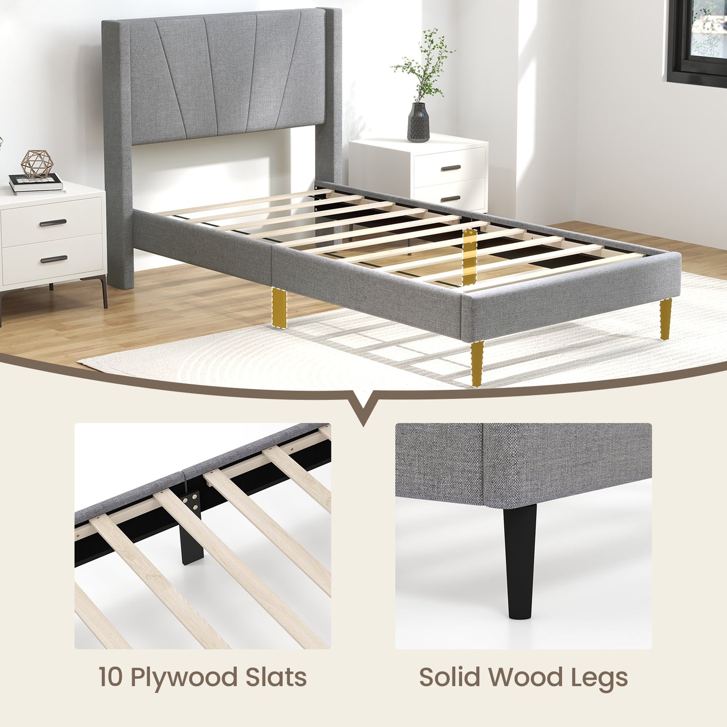 Elegant Linen Upholstered Wingback Bed Frame - Twin Size