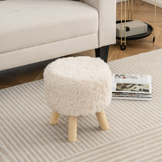 Round Faux Fur Ottoman with Padded Seat and Solid Rubber Wood Legs for Living Room or Bedroom