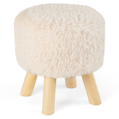 Round Faux Fur Ottoman with Padded Seat and Solid Rubber Wood Legs for Living Room or Bedroom
