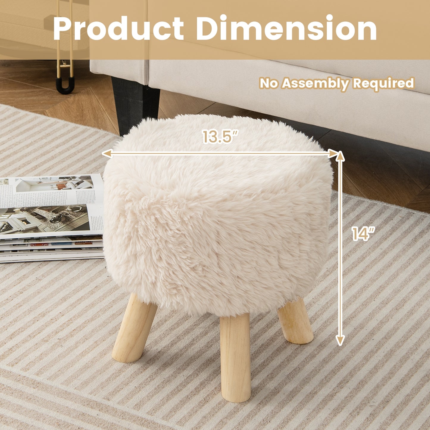 Round Faux Fur Ottoman with Padded Seat and Solid Rubber Wood Legs for Living Room or Bedroom
