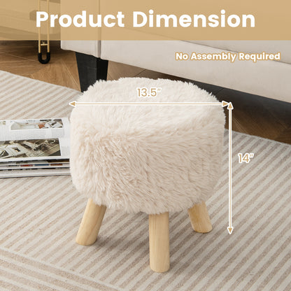 Round Faux Fur Ottoman with Padded Seat and Solid Rubber Wood Legs for Living Room or Bedroom