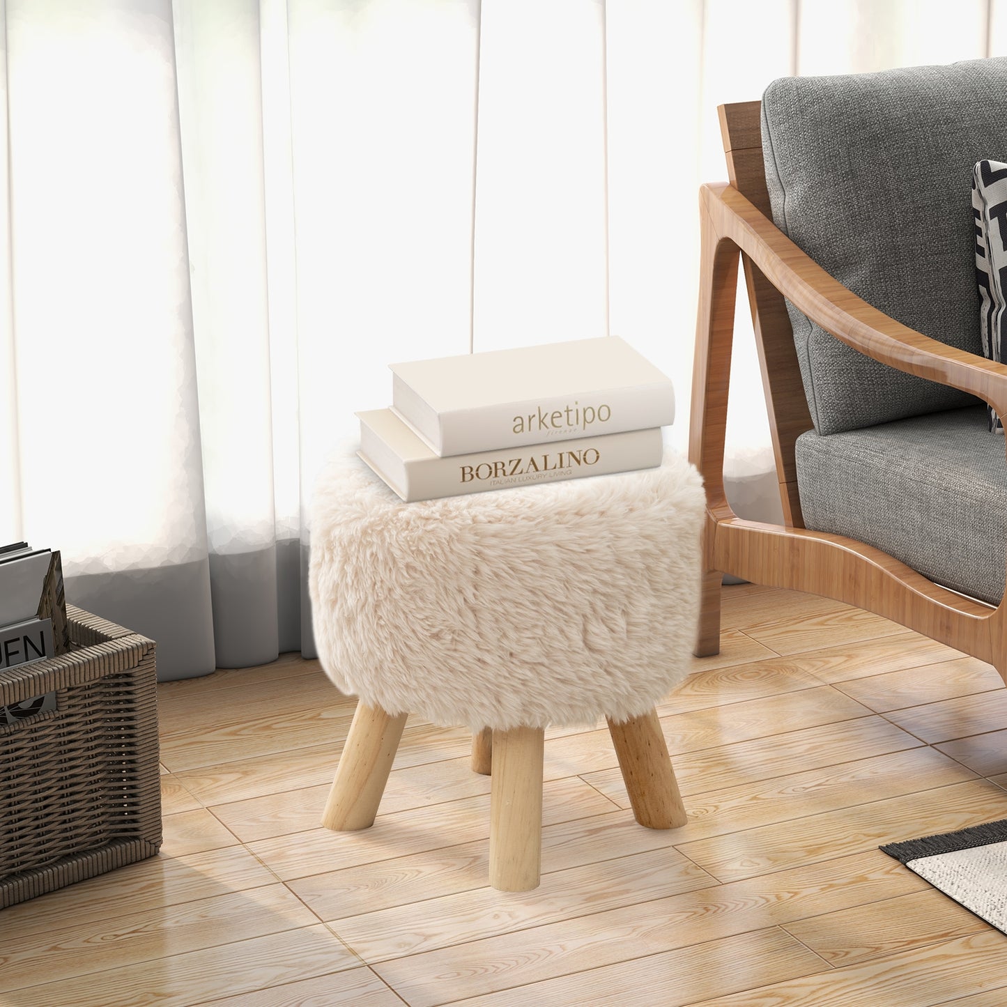 Round Faux Fur Ottoman with Padded Seat and Solid Rubber Wood Legs for Living Room or Bedroom