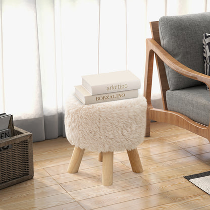 Round Faux Fur Ottoman with Padded Seat and Solid Rubber Wood Legs for Living Room or Bedroom