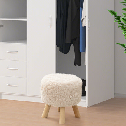 Round Faux Fur Ottoman with Padded Seat and Solid Rubber Wood Legs for Living Room or Bedroom