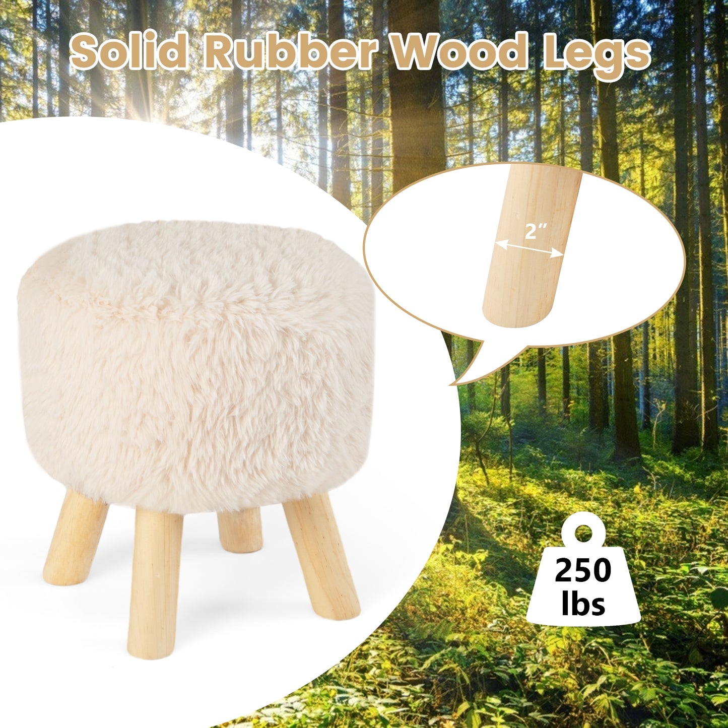 Round Faux Fur Ottoman with Padded Seat and Solid Rubber Wood Legs for Living Room or Bedroom