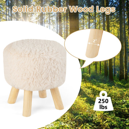 Round Faux Fur Ottoman with Padded Seat and Solid Rubber Wood Legs for Living Room or Bedroom