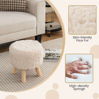 Round Faux Fur Ottoman with Padded Seat and Solid Rubber Wood Legs for Living Room or Bedroom