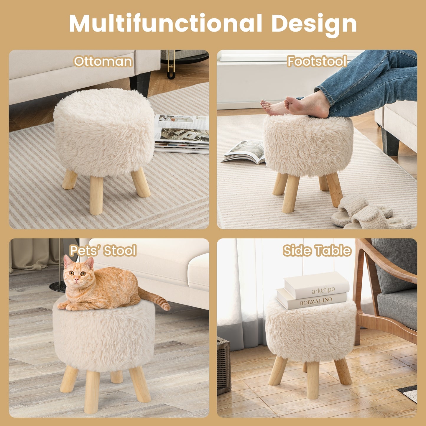Round Faux Fur Ottoman with Padded Seat and Solid Rubber Wood Legs for Living Room or Bedroom