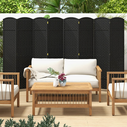 8 Panel Hand-Woven Folding Room Divider with Solid Wood Frame for Privacy - Black