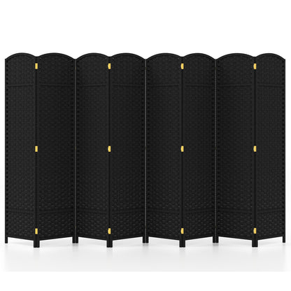 8 Panel Hand-Woven Folding Room Divider with Solid Wood Frame for Privacy - Black