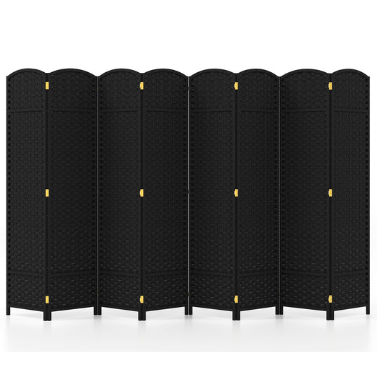 8 Panel Hand-Woven Folding Room Divider with Solid Wood Frame for Privacy - Black