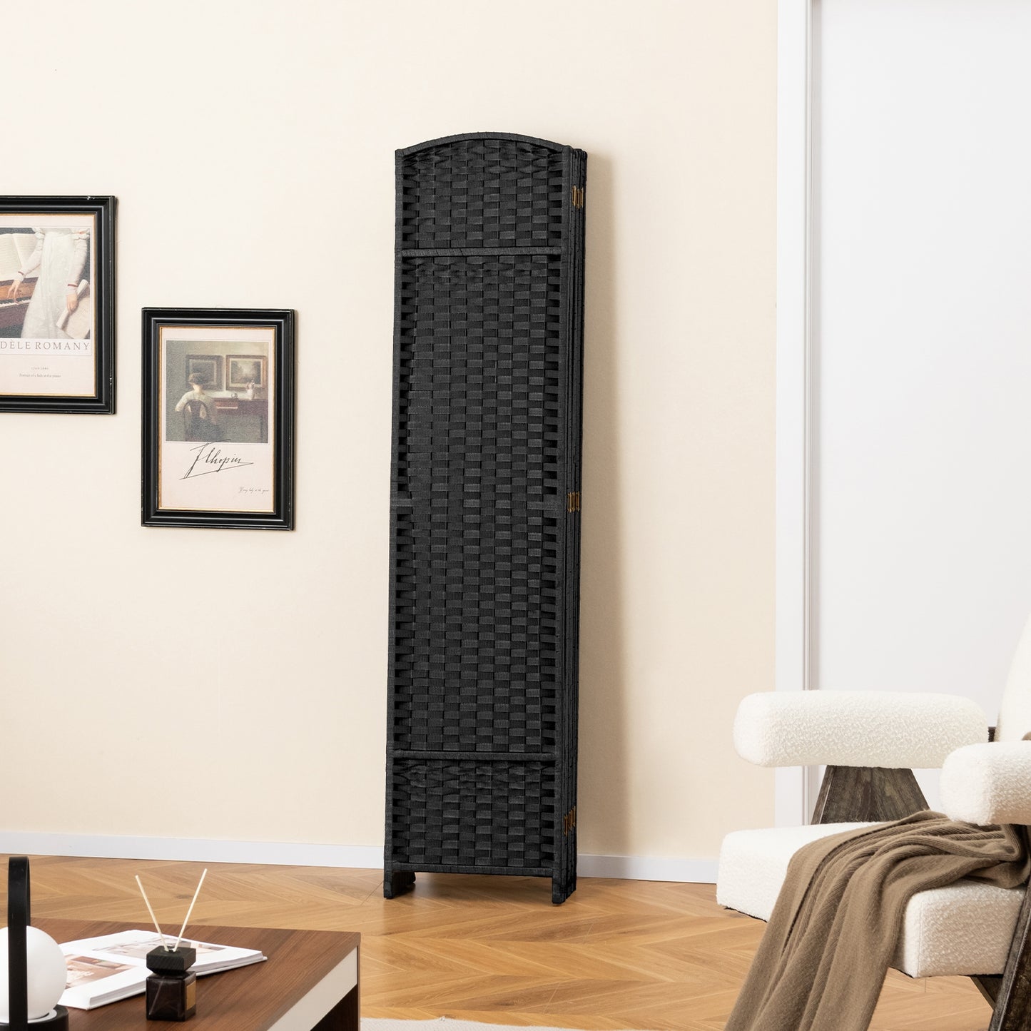 8 Panel Hand-Woven Folding Room Divider with Solid Wood Frame for Privacy - Black