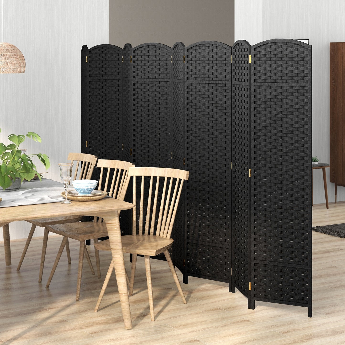 8 Panel Hand-Woven Folding Room Divider with Solid Wood Frame for Privacy - Black