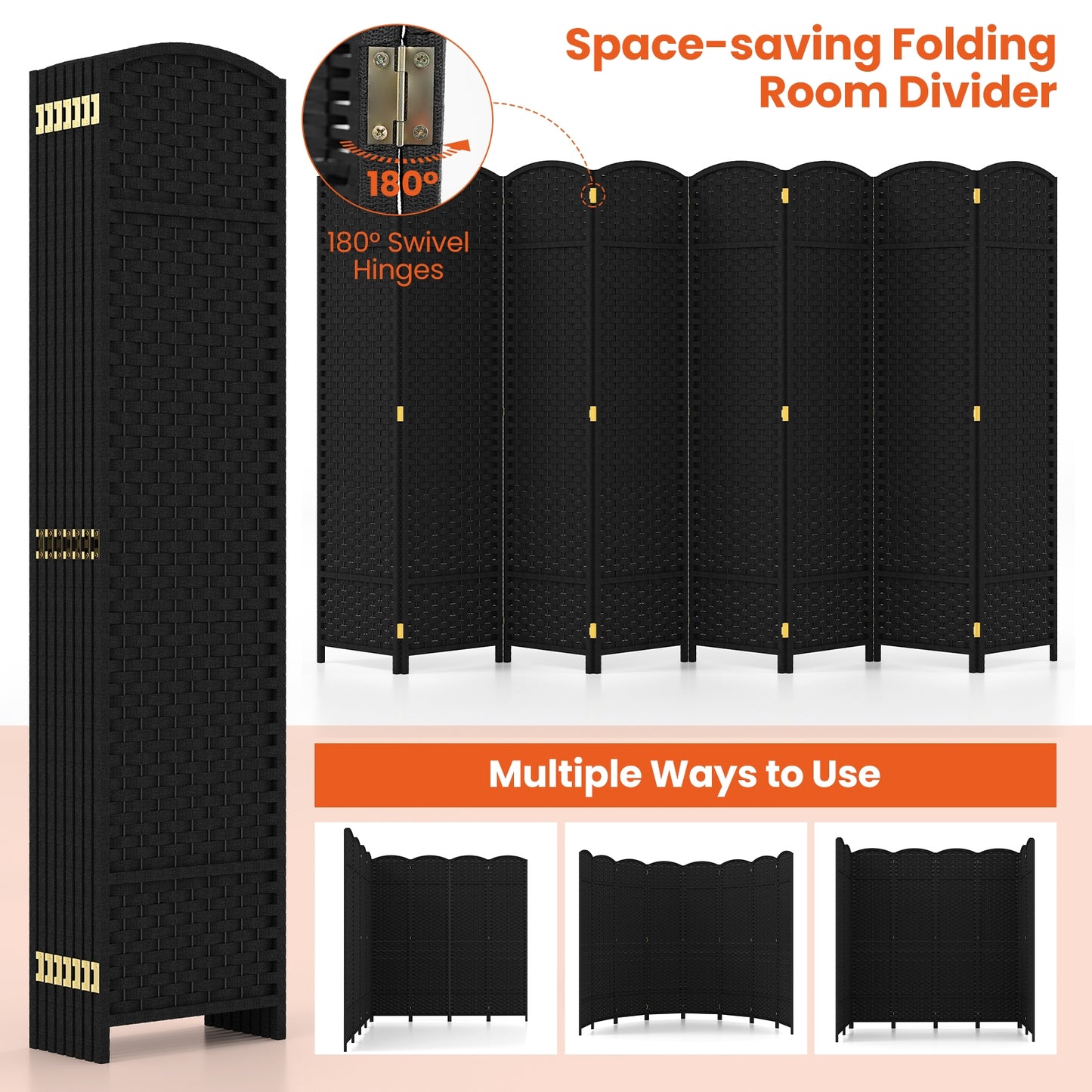 8 Panel Hand-Woven Folding Room Divider with Solid Wood Frame for Privacy - Black
