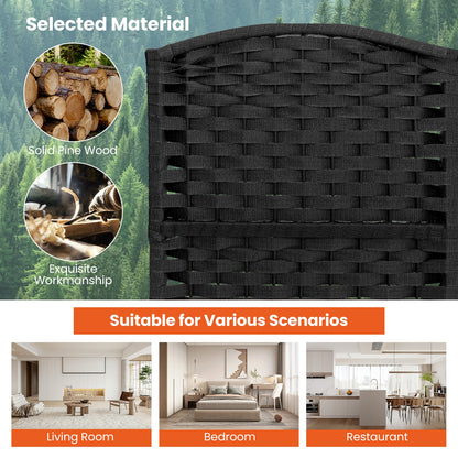 8 Panel Hand-Woven Folding Room Divider with Solid Wood Frame for Privacy - Black