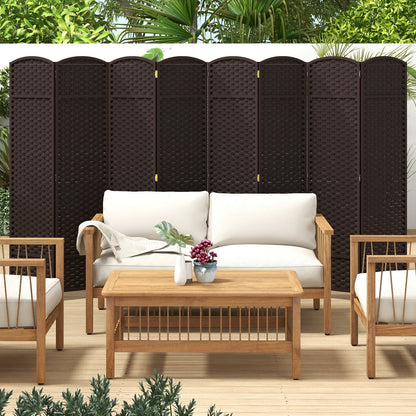 8 Panel Hand-Woven Folding Room Divider with Solid Wood Frame for Privacy - Brown