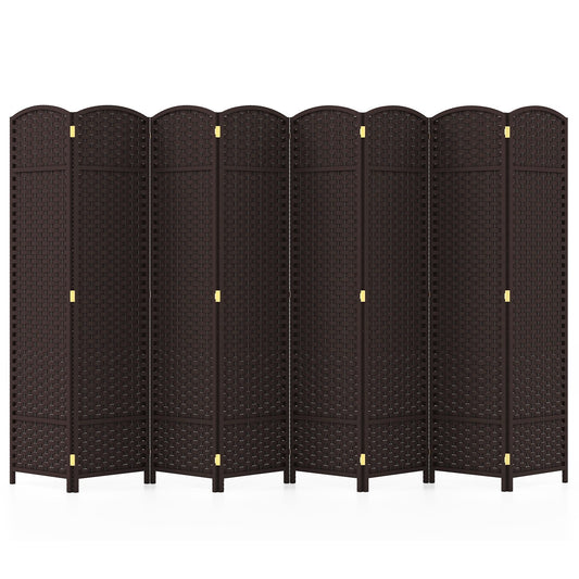 8 Panel Hand-Woven Folding Room Divider with Solid Wood Frame for Privacy - Brown