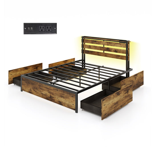 Rustic Brown Bed Frame with LED Lights, USB Ports, and Rolling Storage Drawers - Queen Size