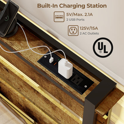 Rustic Brown Bed Frame with LED Lights, USB Ports, and Rolling Storage Drawers - Queen Size