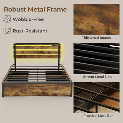 Rustic Brown Bed Frame with LED Lights, USB Ports, and Rolling Storage Drawers - Queen Size