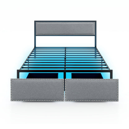 LED Light Bed Frame with Storage Drawer and Metal Slats - Queen Size