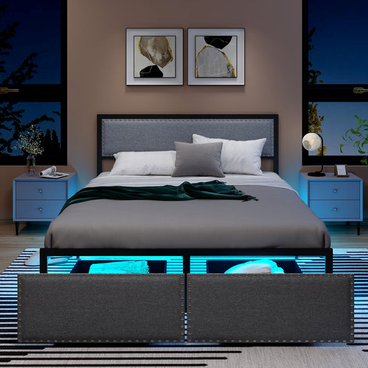 LED Light Bed Frame with Storage Drawer and Metal Slats - Queen Size