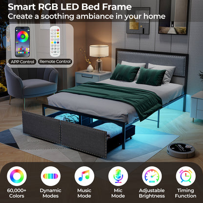 LED Light Bed Frame with Storage Drawer and Metal Slats - Full Size