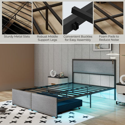 LED Light Bed Frame with Storage Drawer and Metal Slats - Full Size