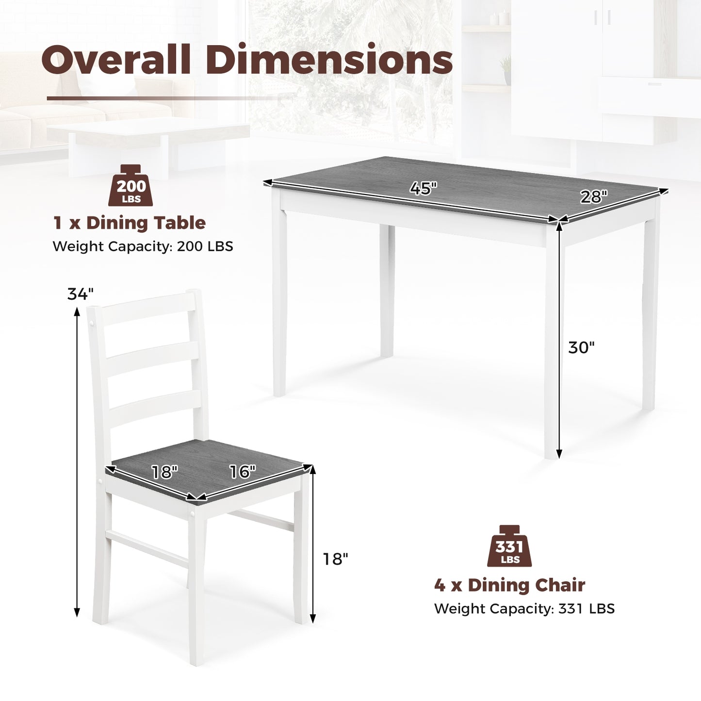 Modern 5 Piece Dining Table Set with Rectangular Wood Table and Upholstered Chairs - Grey