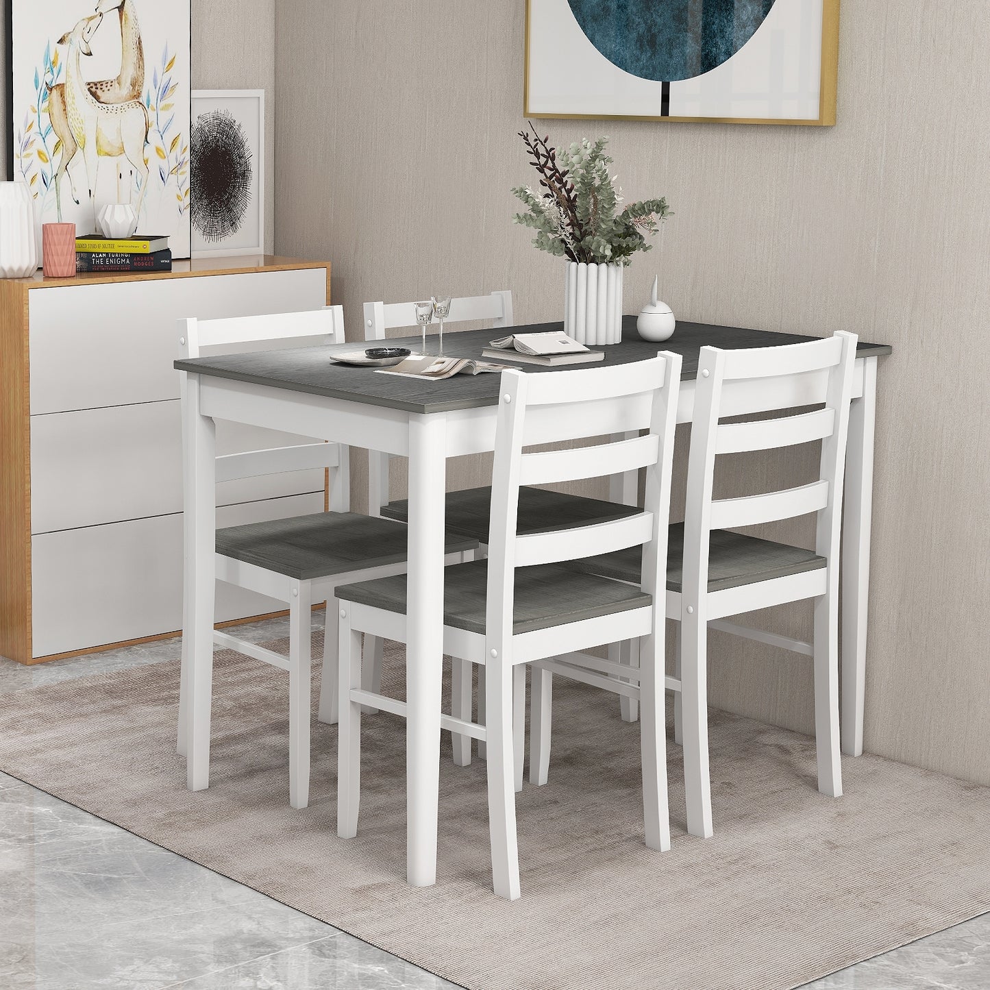 Modern 5 Piece Dining Table Set with Rectangular Wood Table and Upholstered Chairs - Grey