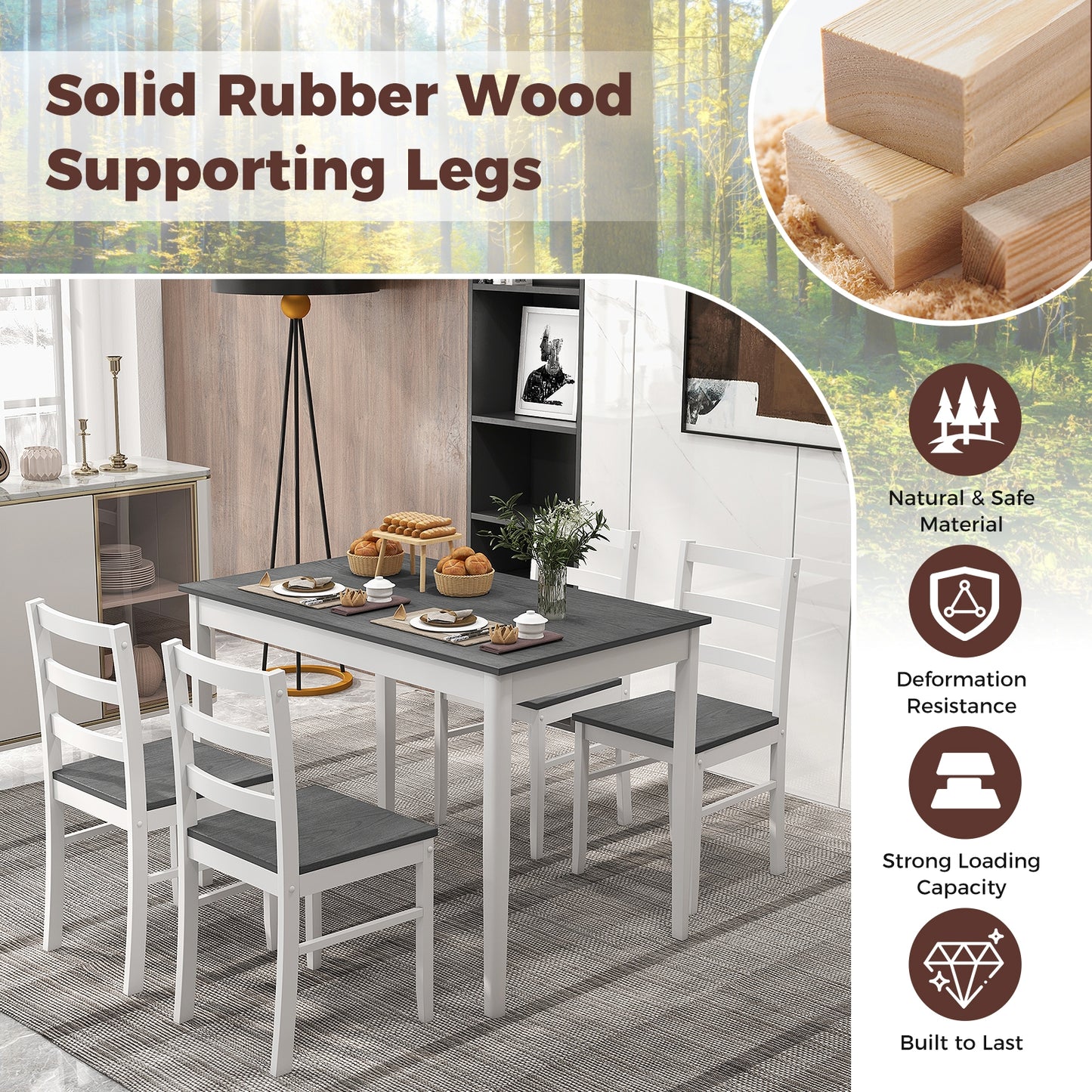 Modern 5 Piece Dining Table Set with Rectangular Wood Table and Upholstered Chairs - Grey