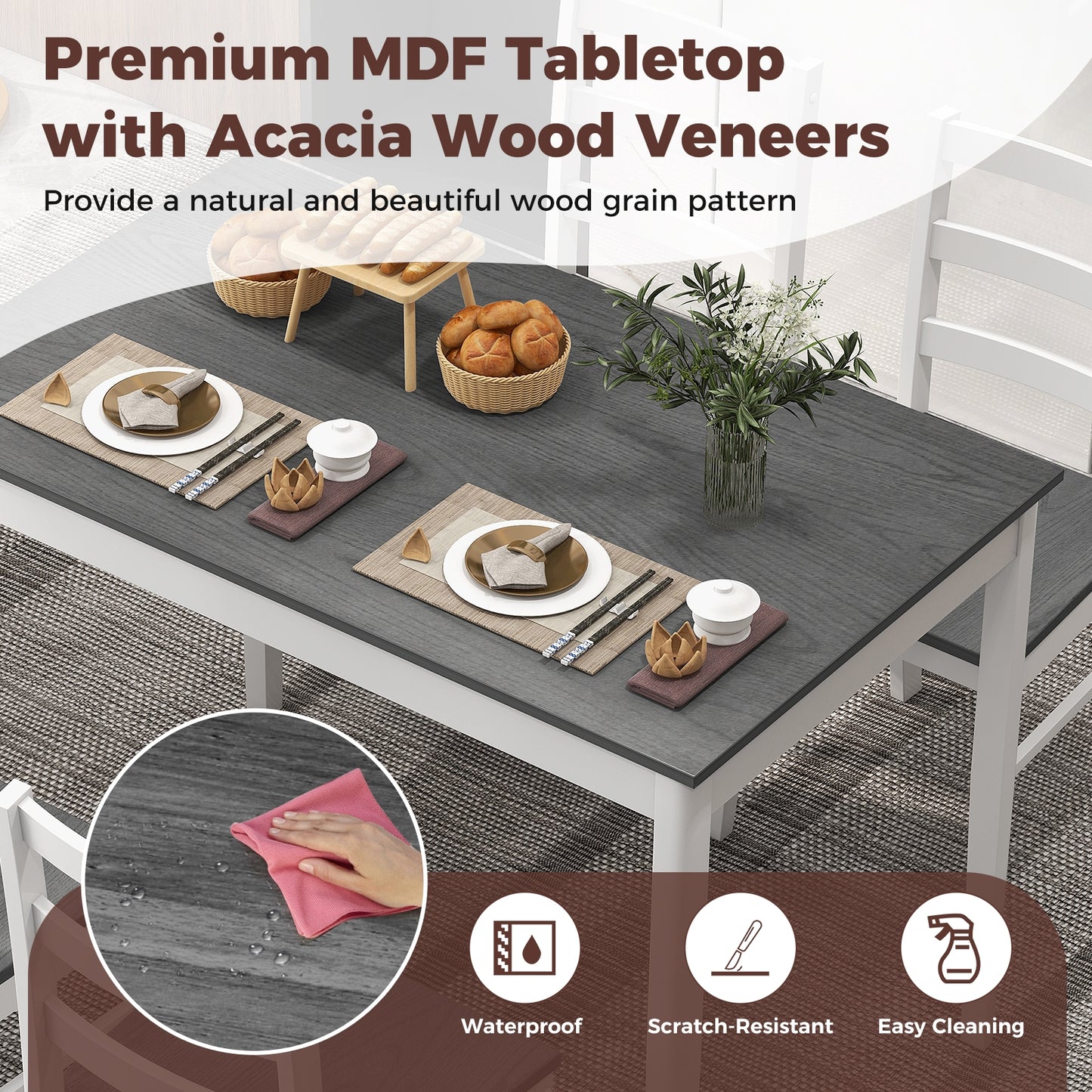 Modern 5 Piece Dining Table Set with Rectangular Wood Table and Upholstered Chairs - Grey
