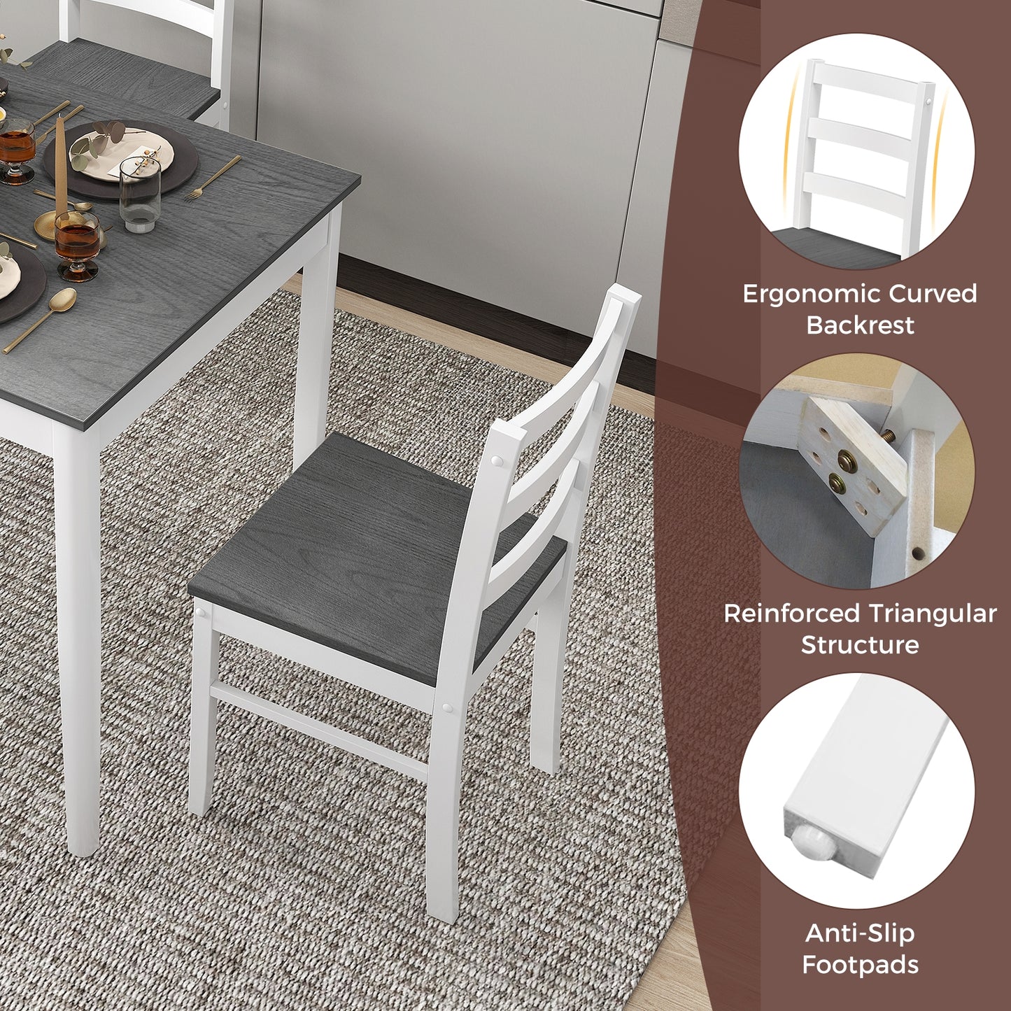 Modern 5 Piece Dining Table Set with Rectangular Wood Table and Upholstered Chairs - Grey