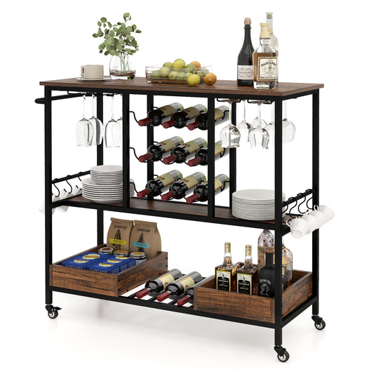3-Tier Rolling Bar Cart with Glass Holders and Storage Shelves, Rustic Brown