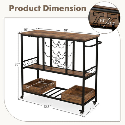 3-Tier Rolling Bar Cart with Glass Holders and Storage Shelves, Rustic Brown