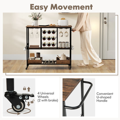 3-Tier Rolling Bar Cart with Glass Holders and Storage Shelves, Rustic Brown