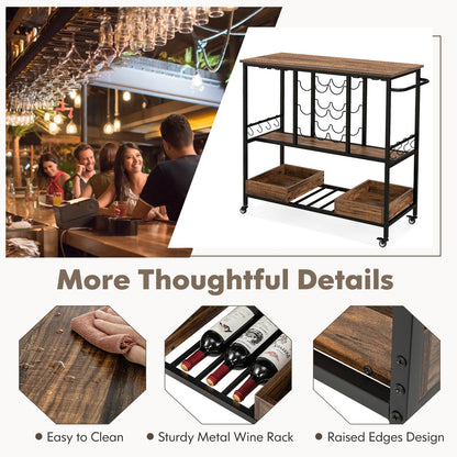 3-Tier Rolling Bar Cart with Glass Holders and Storage Shelves, Rustic Brown