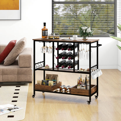 3-Tier Rolling Bar Cart with Glass Holders and Storage Shelves, Rustic Brown