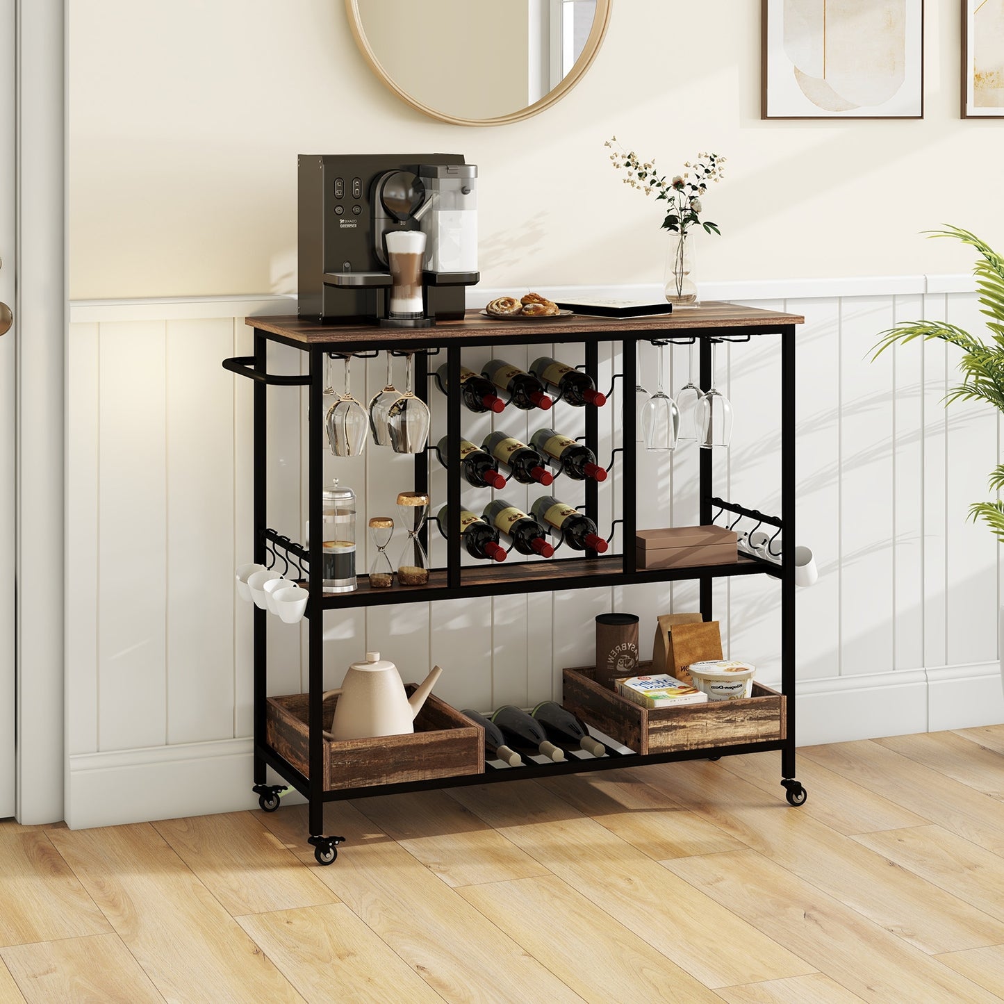 3-Tier Rolling Bar Cart with Glass Holders and Storage Shelves, Brown