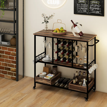 3-Tier Rolling Bar Cart with Glass Holders and Storage Shelves, Brown