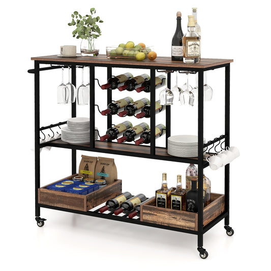 3-Tier Rolling Bar Cart with Glass Holders and Storage Shelves, Brown