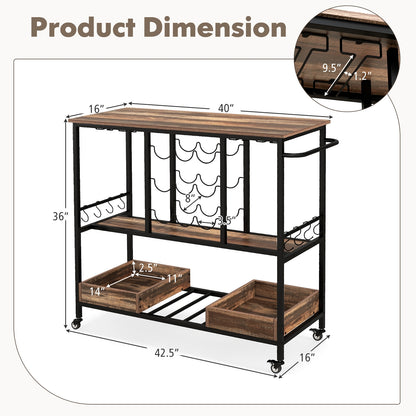 3-Tier Rolling Bar Cart with Glass Holders and Storage Shelves, Brown