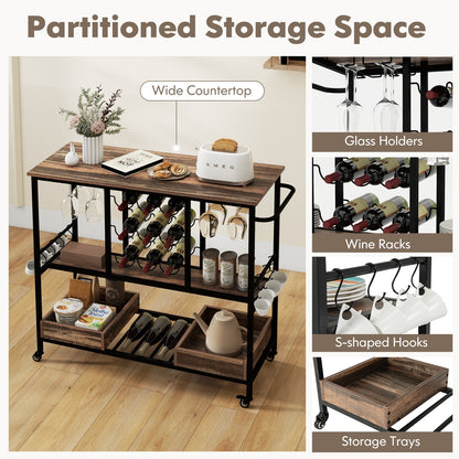 3-Tier Rolling Bar Cart with Glass Holders and Storage Shelves, Brown
