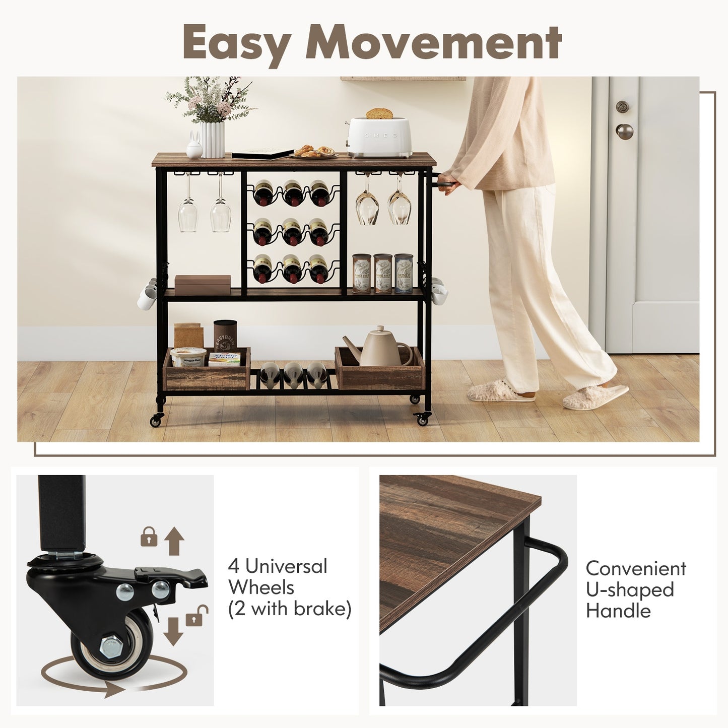 3-Tier Rolling Bar Cart with Glass Holders and Storage Shelves, Brown